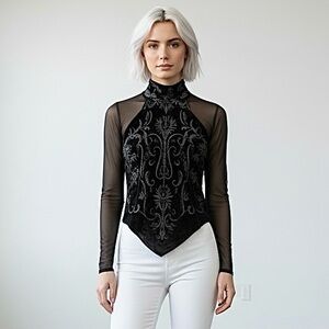 CDC Black Embellished Long Sleeve mandarin collar Blouse